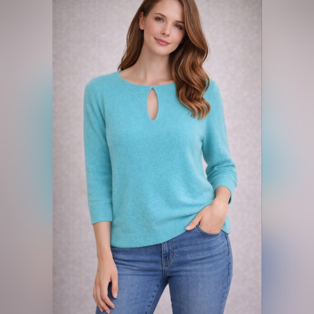 White & Warren 100% Cashmere Aqua Keyhole 3/4 Sleeve Sweater Medium M